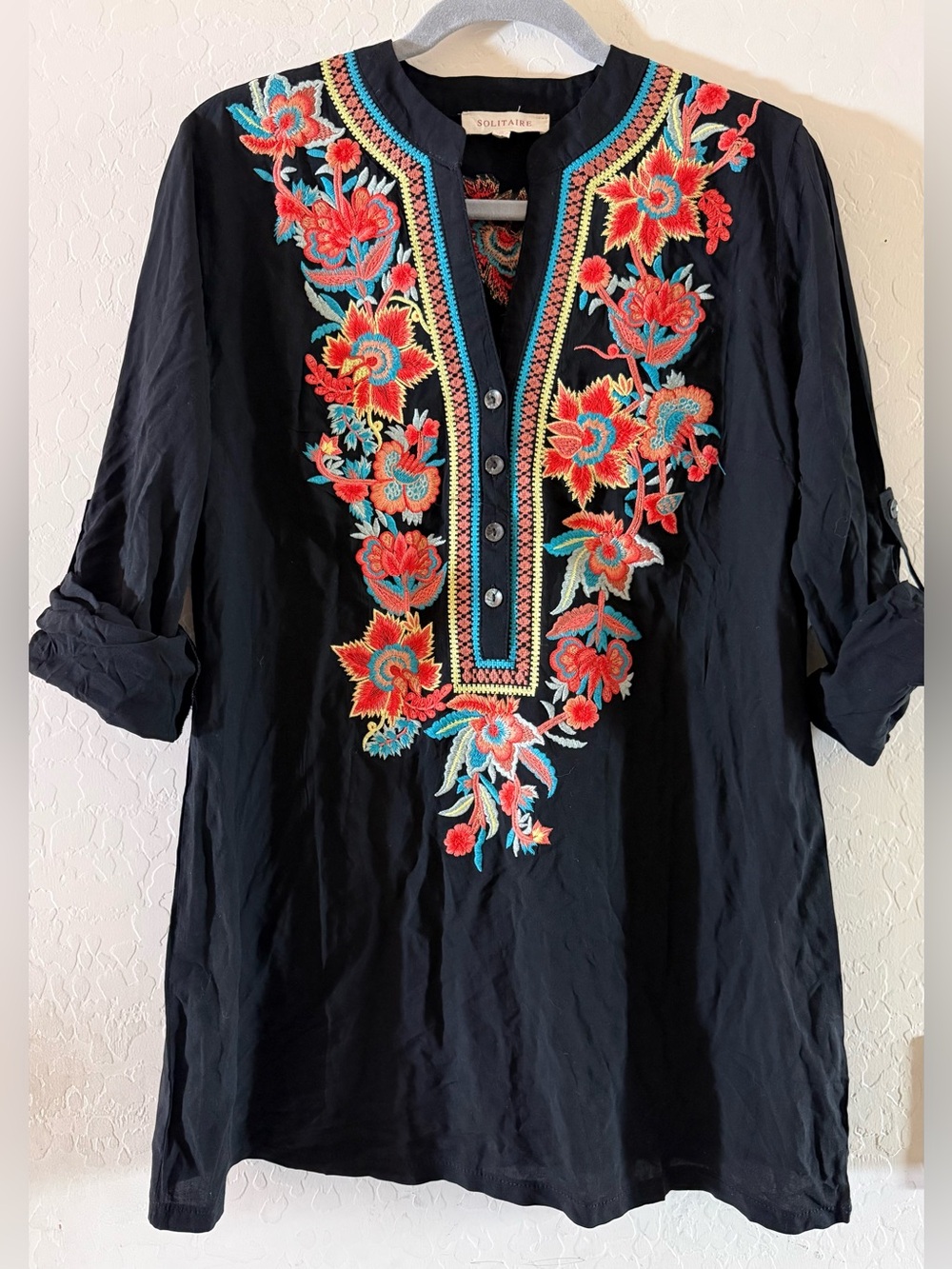 Solitaire Black Tunic with Red and Turquoise Floral Embroidery